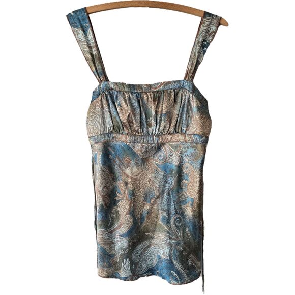 Vintage Y2K Self Esteem Babydoll Tank Satin Tie Ruched Paisley Brown Fairy Boho - Picture 1 of 7